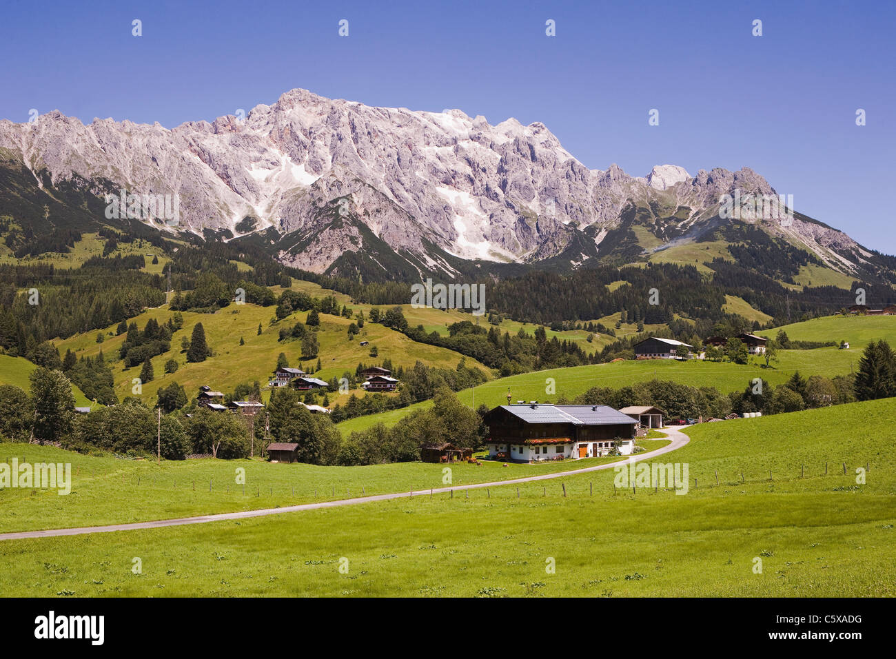 Österreich, Salzburger Land, Dienten, Berglandschaft, Bauernhöfe Stockfoto