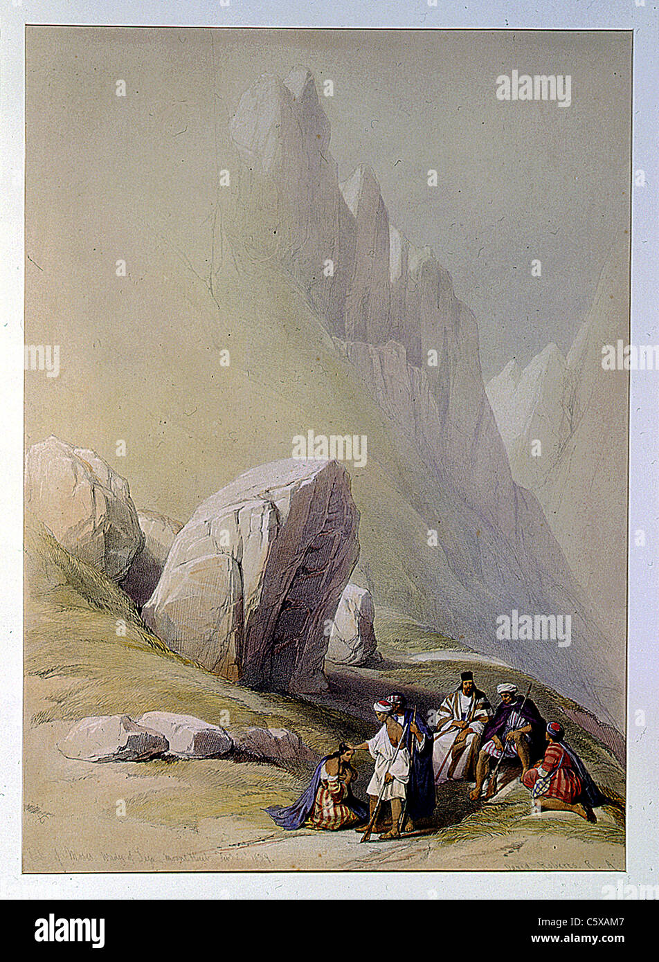 Rock of Moses Wady-el-Lega Mount Horeb Feby 22nd 1839, Louis Haghe / David Roberts 'das Heilige Land, Syrien, Idumea, Arabien, Ägypten und Nubien' Stockfoto