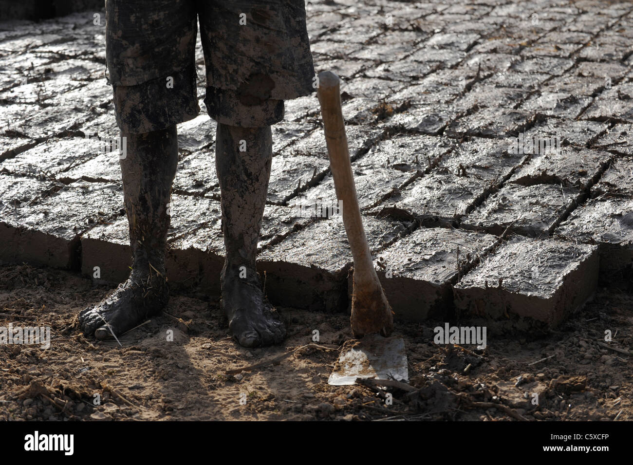 Afrika MALI Mopti, Lehm-Architektur - Arbeitnehmer machen Lehmziegel für Gebäude Stockfoto