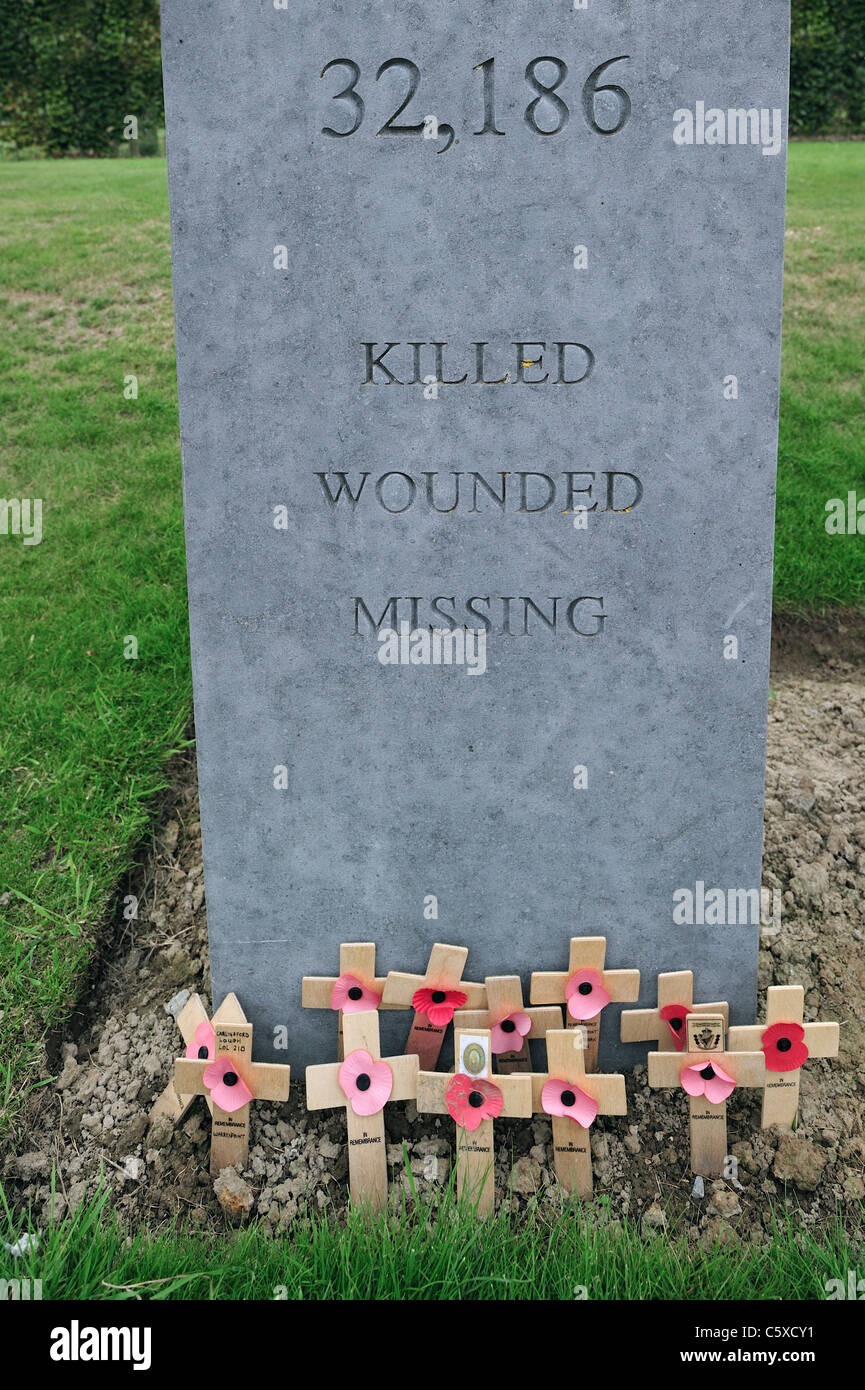 WWI-Denkmal aus Stein auf der Insel von Irland Friedenspark, Erster Weltkrieg 14-18-Website unter Mesen, West-Flandern, Belgien Stockfoto