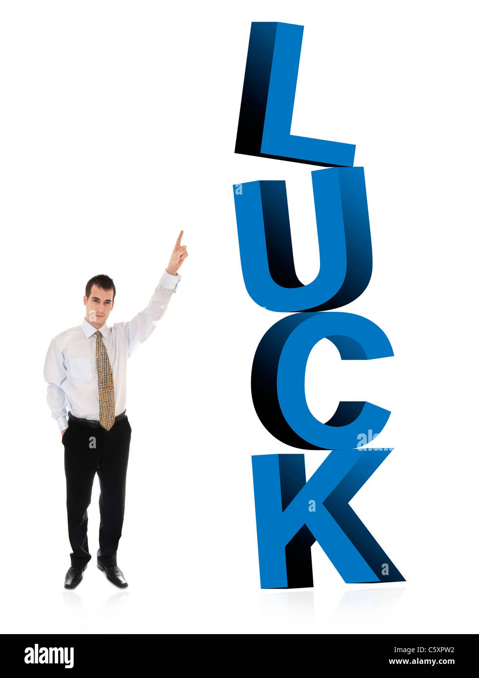 Business-Mann zeigt auf Wort Glück Stockfoto