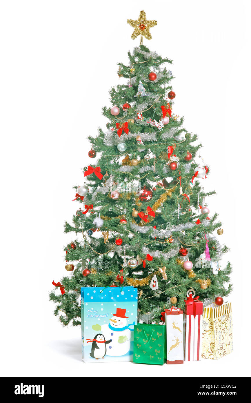 Weihnachts-Baum, Schneemann und Geschenke-Bild auf weißem Hintergrund Stockfoto