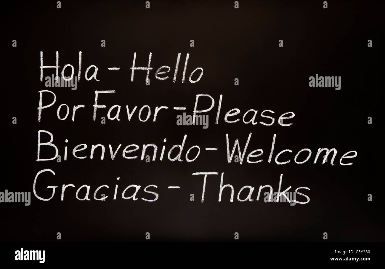 Tafel mit spanischen Wörtern und deren Übersetzungen. Stockfoto