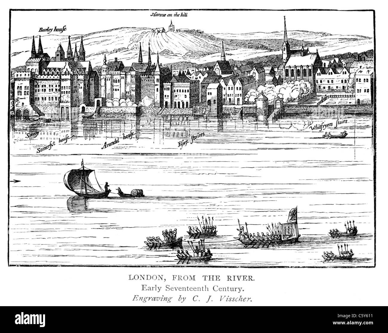 London from the River; Stich aus dem frühen 17.. Jahrhundert von Claes Jansz Visscher (1587-1652) Schwarz-Weiß-Illustration; Stockfoto