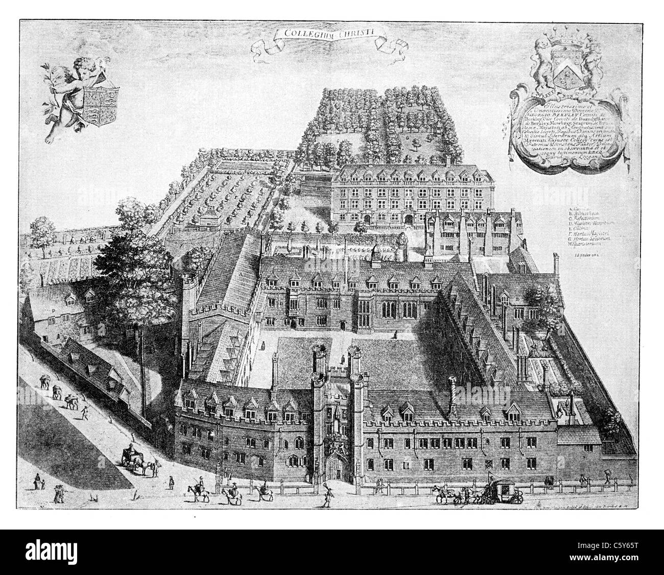Christi College der Universität Cambridge im 17. Jahrhundert von Loggan, "Cantabrigia Illustrata"; Der Vogelperspektive; Stockfoto