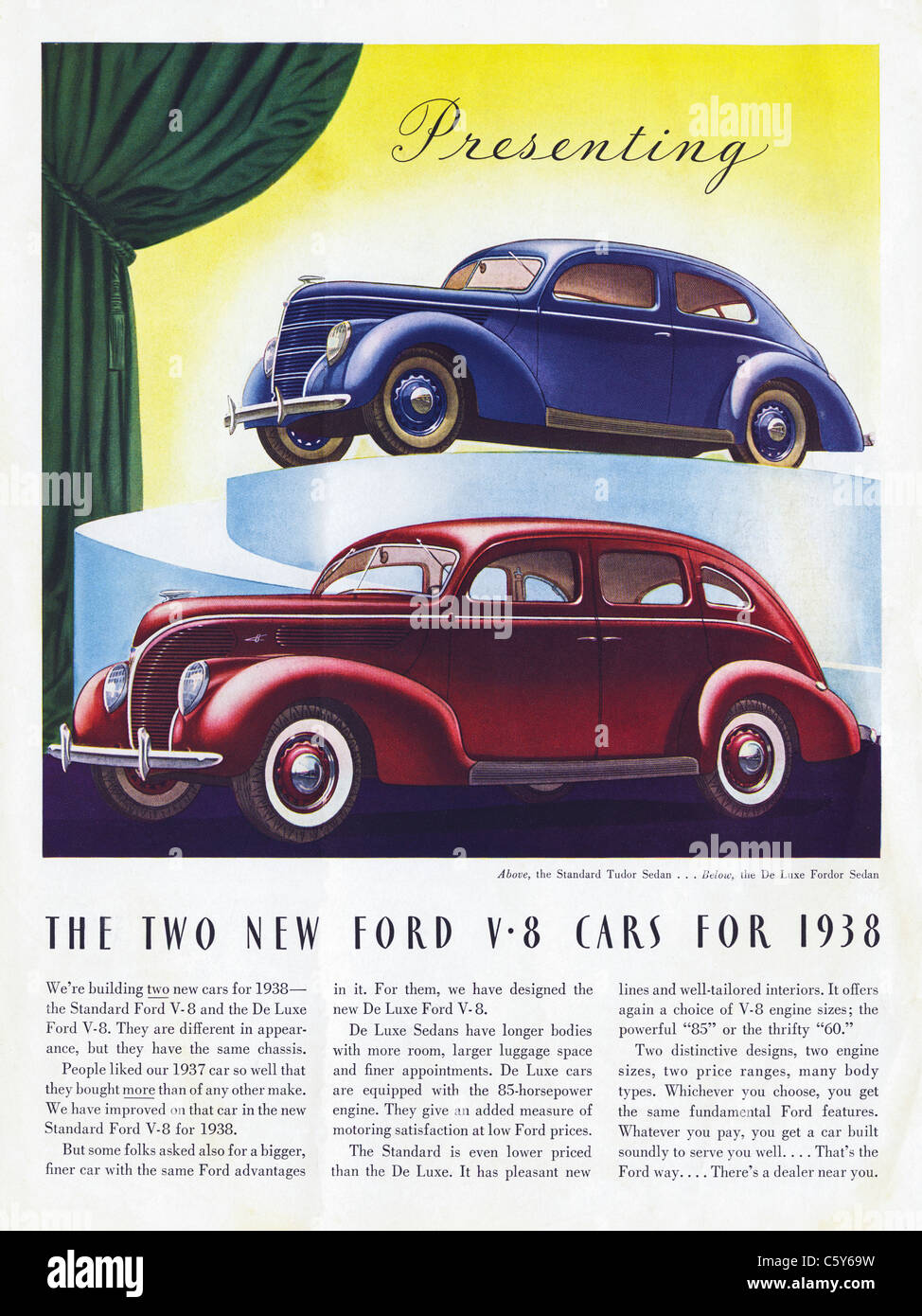 Original der 1930er Jahre Anzeige im amerikanischen Magazin Werbung Neuwagen FORD V8 für 1938 Stockfoto