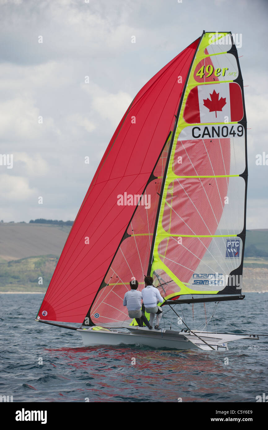 Gordon Cook und Hunter Lowden (CAN), Segeln Olympischen Test-Event, 49er Männer Skiff Klasse, Weymouth Stockfoto