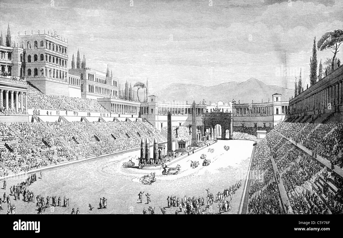 Antike römische Wagenrennen im Circus Maximus Stockfoto