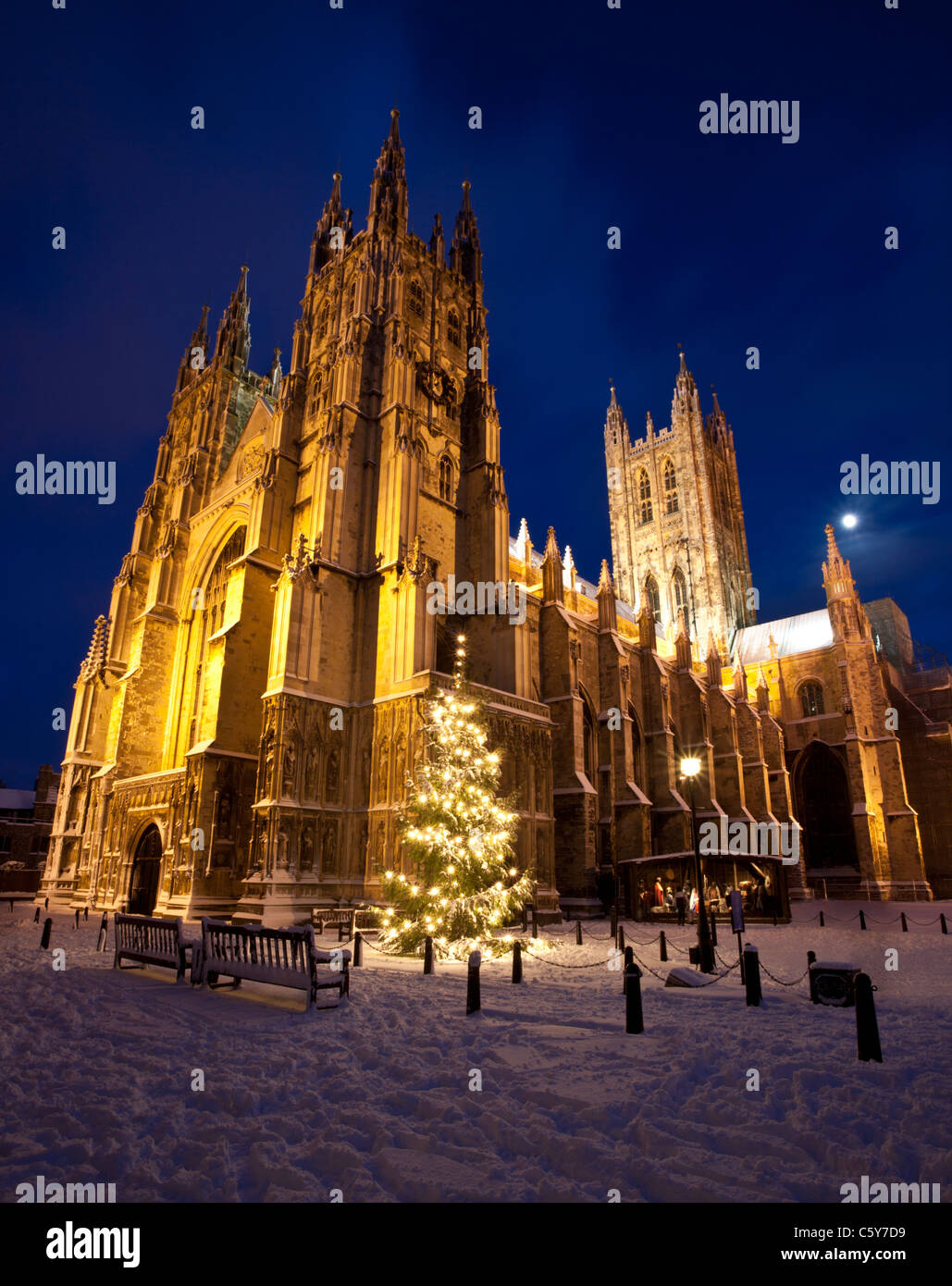 Die Kathedrale von Canterbury im Schnee mit Weihnachtsbaum und Stall mit Krippe in Canterbury, Kent, UK. Stockfoto