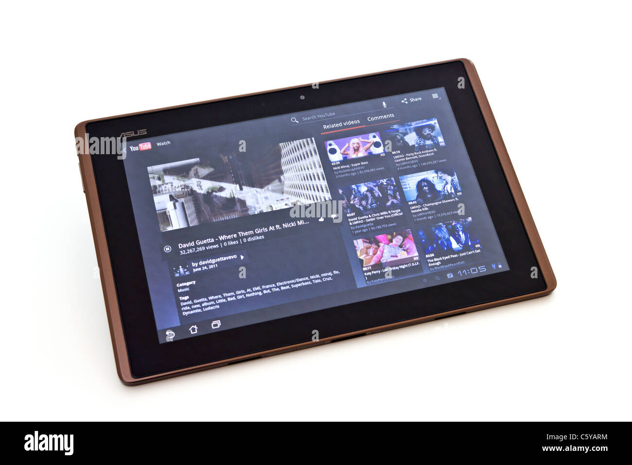 Android-Tablet, Musikvideo, Youtube-app Stockfoto