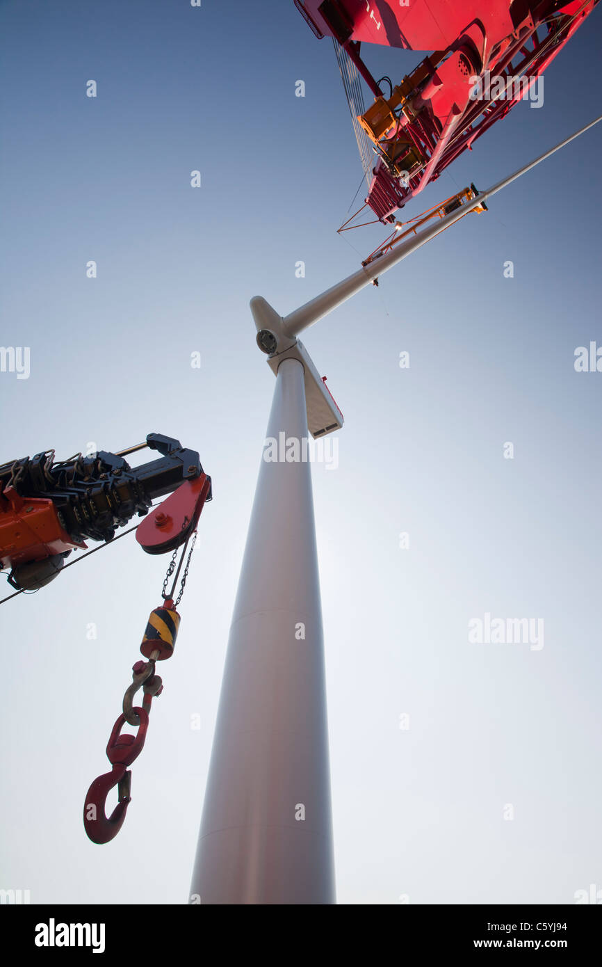 Das Aufbocken Lastkahn, Kraken, Einbau einer Turbinenschaufel, eine Windkraftanlage auf Walney offshore Wind Farm, Cumbria, UK. Stockfoto