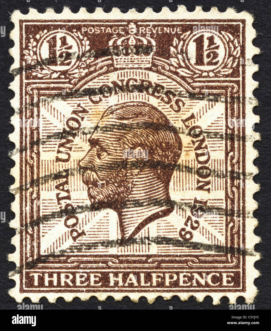 Britische drei Halfpence Briefmarke King George V Postal Union Congress in London 1929 ausgestellt am 10. Mai 1929 Stockfoto