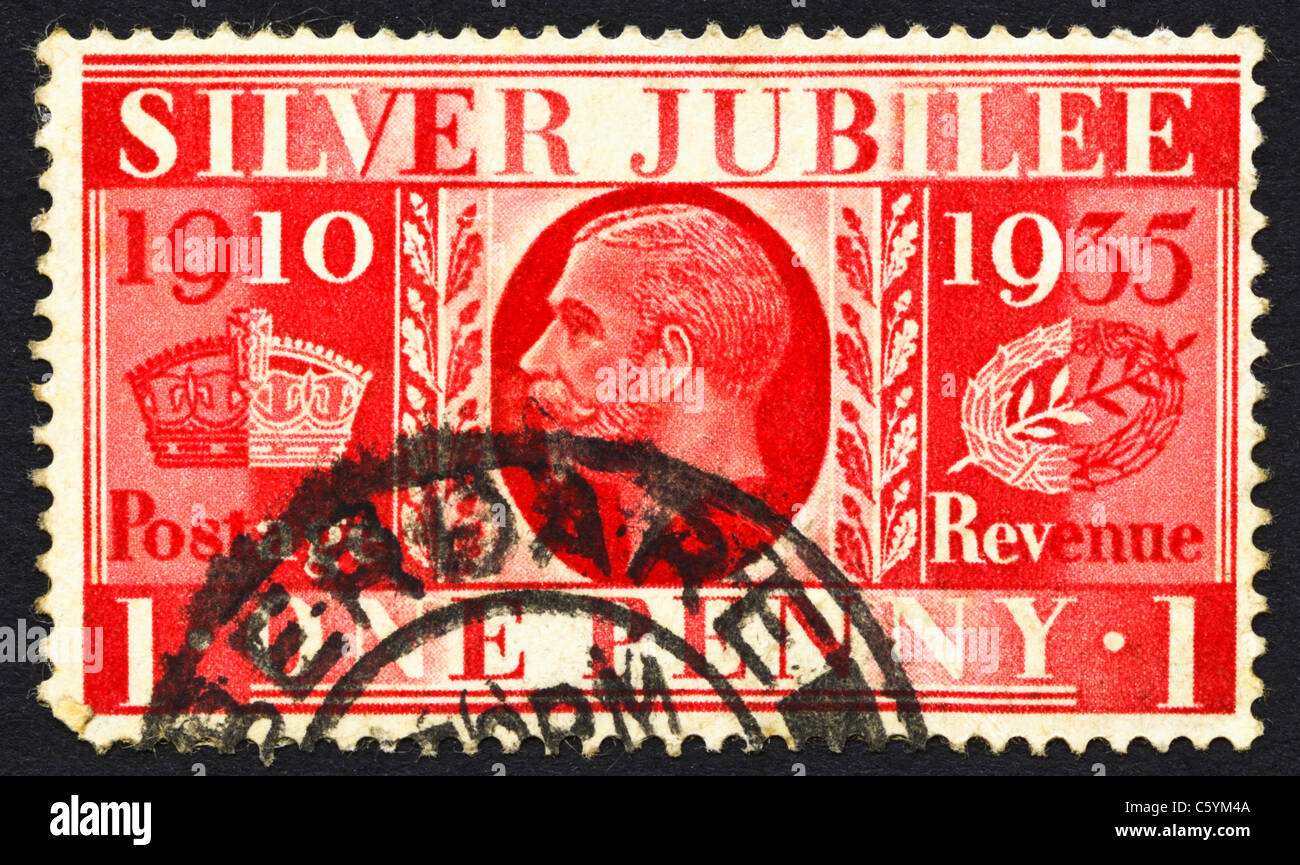 Britische 1D Cent Briefmarke herausgegeben 7. Mai 1935 zu gedenken silbernes Jubiläum von König George V Stockfoto