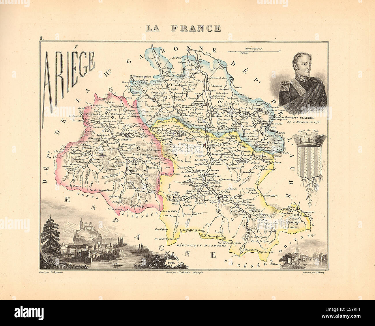 Ariege Abteilung - Antiquarische Karte von 1858 französischen Atlas' Frankreich und seinen Kolonien" (La France et ses Kolonien) von Alexandre Vuillemin Stockfoto