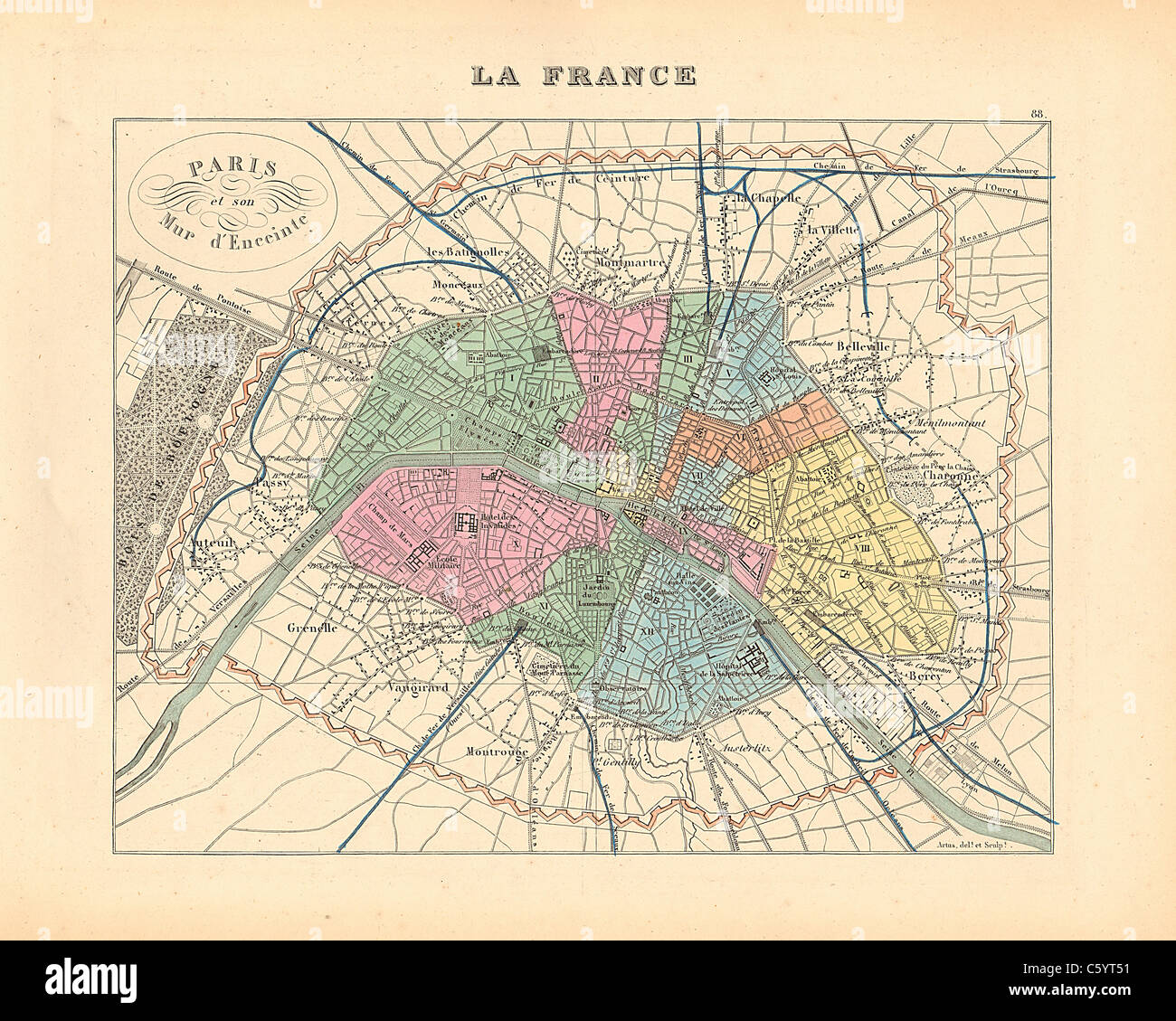 Paris et son Mur d'Enceinte (Paris Wand) Karte von 1858 französischen Atlas' Frankreich und seinen Kolonien" (La France et ses Kolonien) von Alexandre Vuillemin Stockfoto