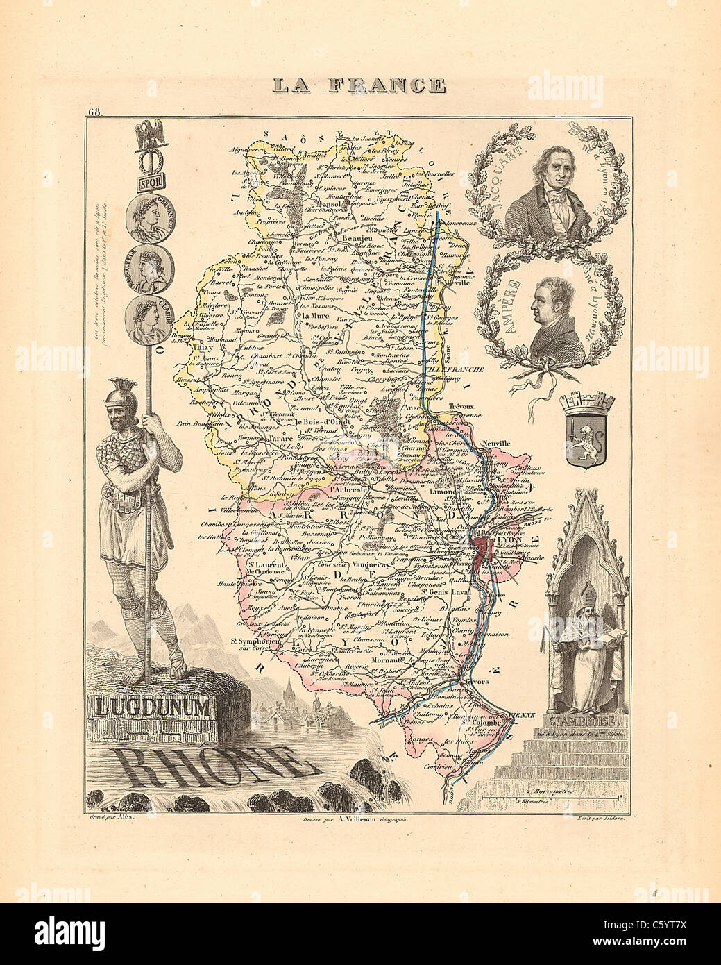Rhone Abteilung - Antiquarische Karte von 1858 französischen Atlas' Frankreich und seinen Kolonien" (La France et ses Kolonien) von Alexandre Vuillemin Stockfoto