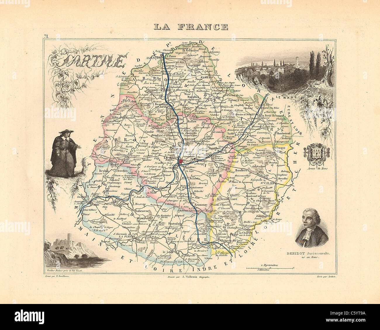Sarthe Abteilung - Antiquarische Karte von 1858 französischen Atlas' Frankreich und seinen Kolonien" (La France et ses Kolonien) von Alexandre Vuillemin Stockfoto