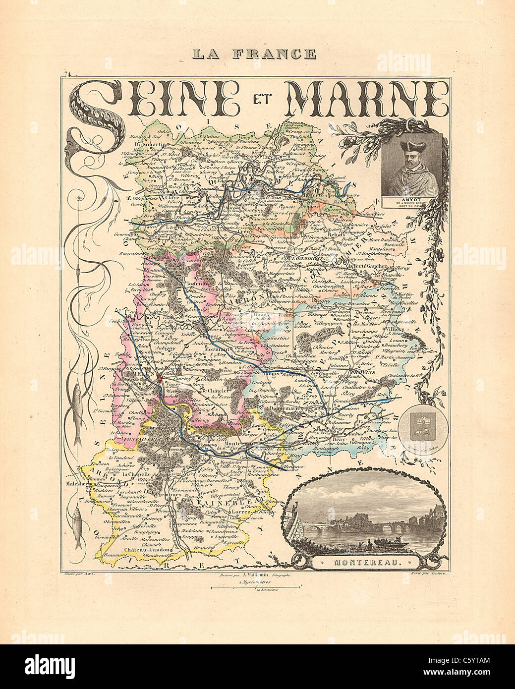 Seine-et-Marne - Antiquarische Karte von 1858 französischen Atlas' Frankreich und seinen Kolonien" (La France et ses Kolonien) von Alexandre Vuillemin Stockfoto