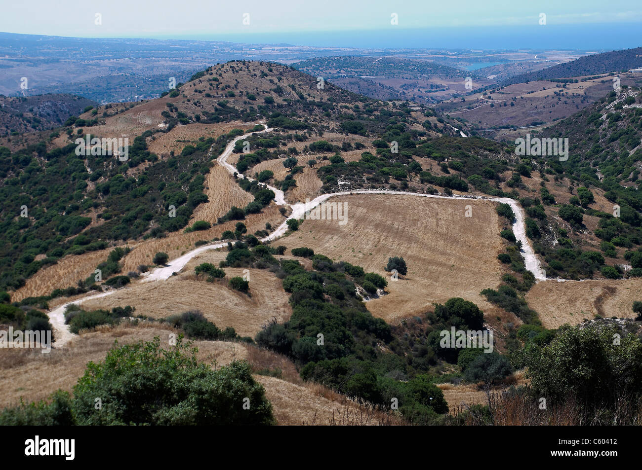Das Hinterland von Südzypern mit den ungewöhnlichen geformten Feldern vor kurzem im Frühsommer geerntet, auf den Hügeln Stockfoto
