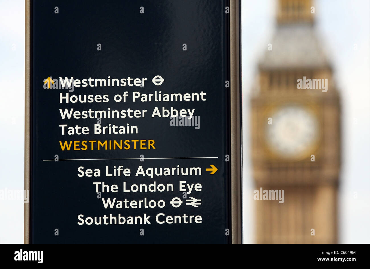 Ein Schild zeigt Sehenswertes mit Big Ben im Hintergrund Stockfoto