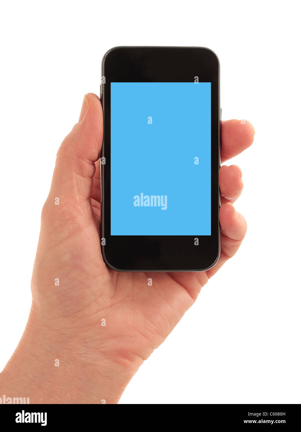 Smart Phone geradeaus mit länglichen Bluescreen rechtwinklig zur Seite Stockfoto
