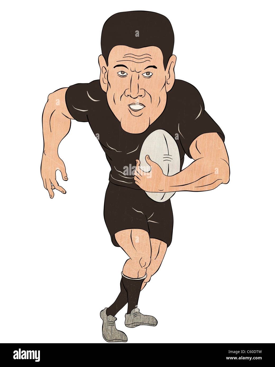 Comic-Illustration eines Rugby-Spieler laufen mit Ball isoliert auf weißem Hintergrund Stockfoto