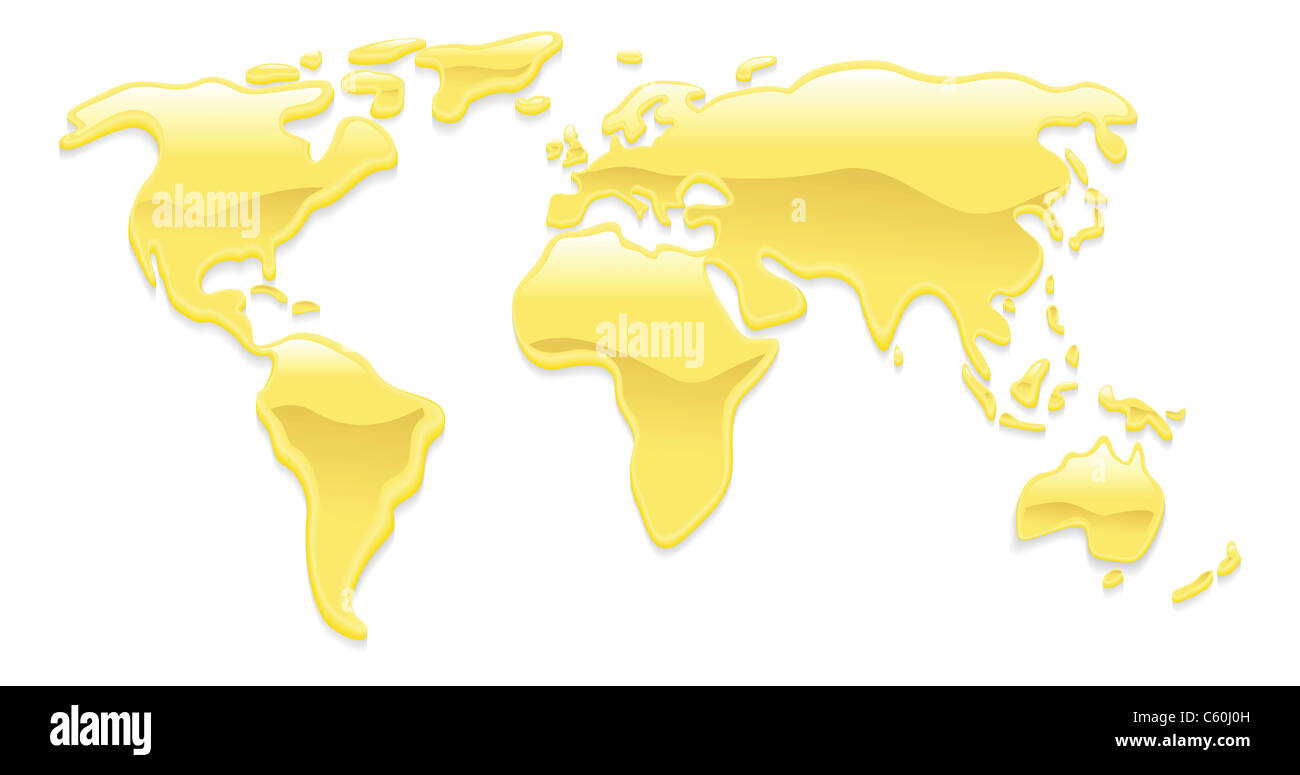 Eine Weltkarte mit gold Flüssigkeitströpfchen bilden die Kontinente Stockfoto