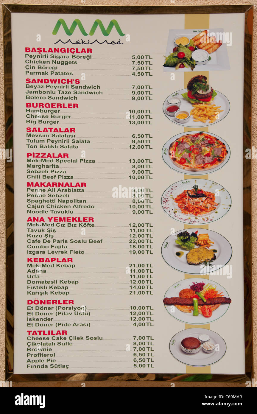 Menü Essen Diner Restaurant Schild Türkei Türkisch Stockfoto