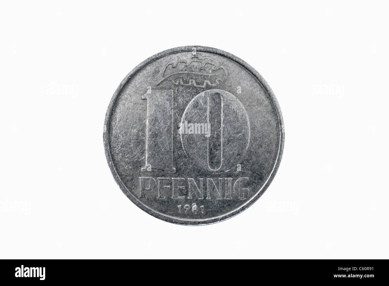 Detailansicht Einer 10 Pfennig Münze aus der DDR aus Dem Jahr 1981 | Detail-Foto einer 10 Pfennig-Münze der DDR aus dem Jahr 1981 Stockfoto