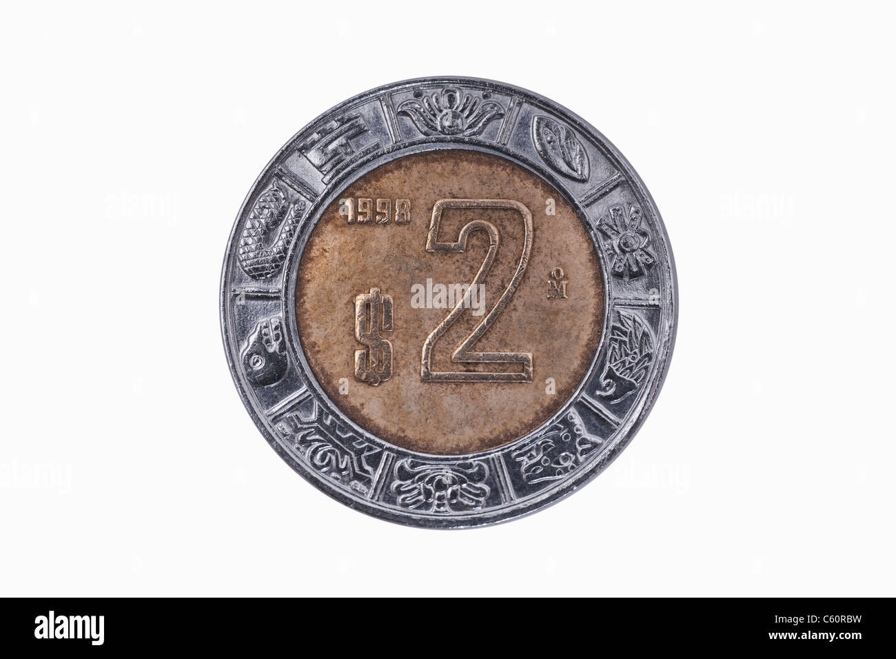 Detailansicht der 2 Peso Münze aus Mexiko aus Dem Jahr 1998 | Detail-Foto von einem 2-Peso-Münze aus Mexiko aus dem Jahr 1998 Stockfoto