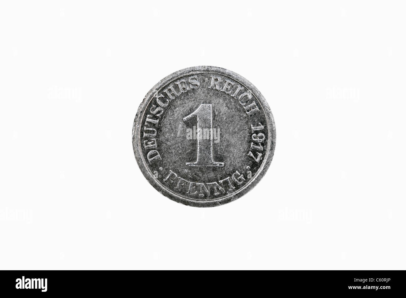 Detail-Foto einer 1 Pfennig-Münze des Deutschen Reiches aus dem Jahr 1917 Stockfoto