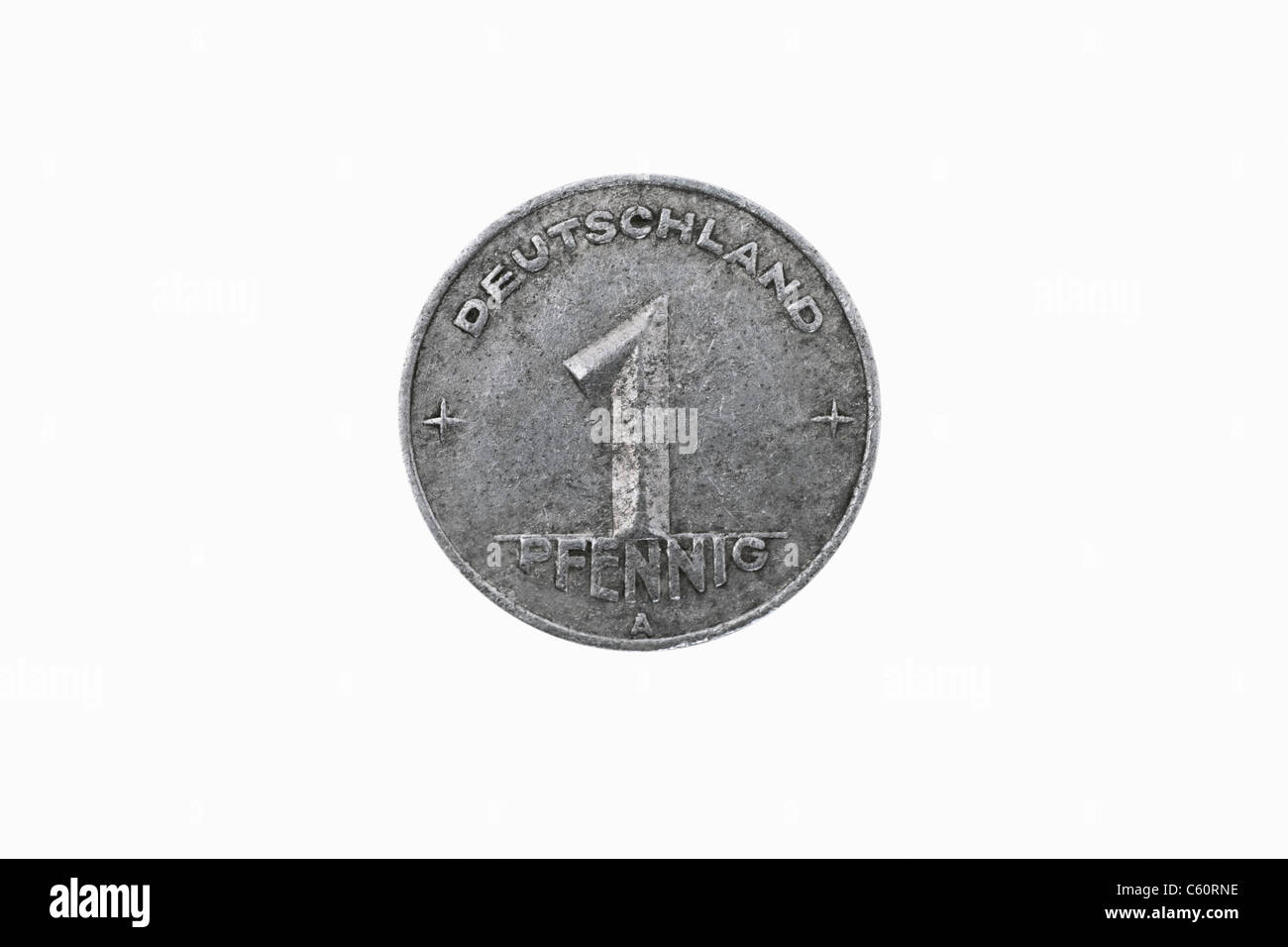 Detail-Foto einer 1 Pfennig-Münze von der sowjetischen Besatzungszone aus dem Jahr 1948 Stockfoto