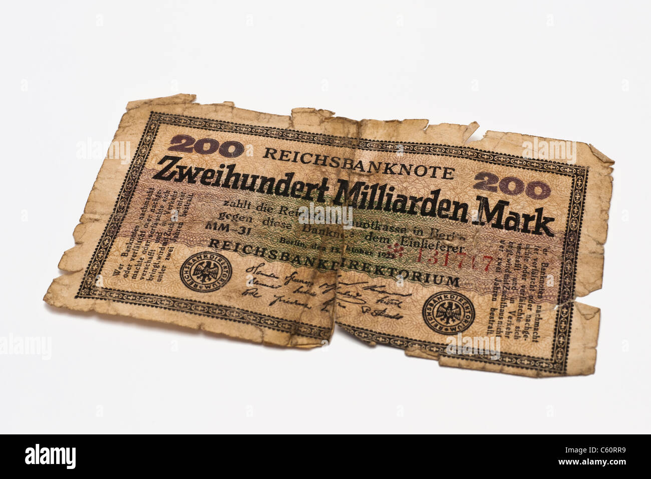 Detail-Foto einer alten deutschen Rechnung des 15. Oktober 1923 über die Höhe von zweihundert Milliarden Reichsmark Stockfoto