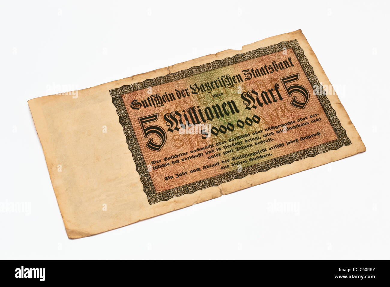 Detail-Foto einer alten deutschen Rechnung aus dem Jahr 1923 über die Höhe von fünf Millionen Reichsmark, Coupon der Bayerischen Nationalbank Stockfoto