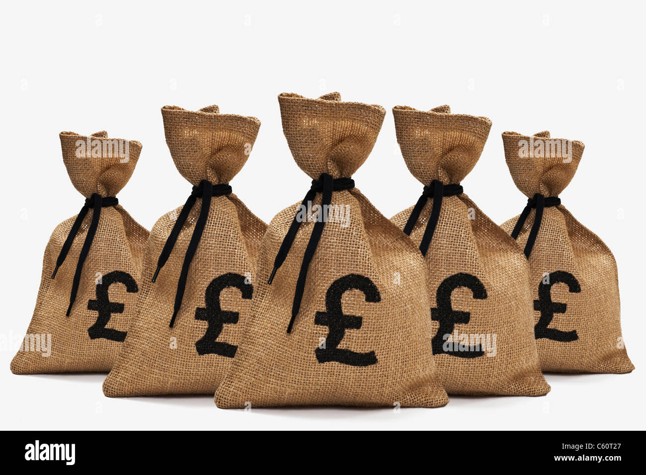 Fünf Geldsäcke Mit Pfund-Aussteuerungsanzeige Stehen Hintereinander | fünf Geldtaschen mit Nummernzeichen o- Stockfoto
