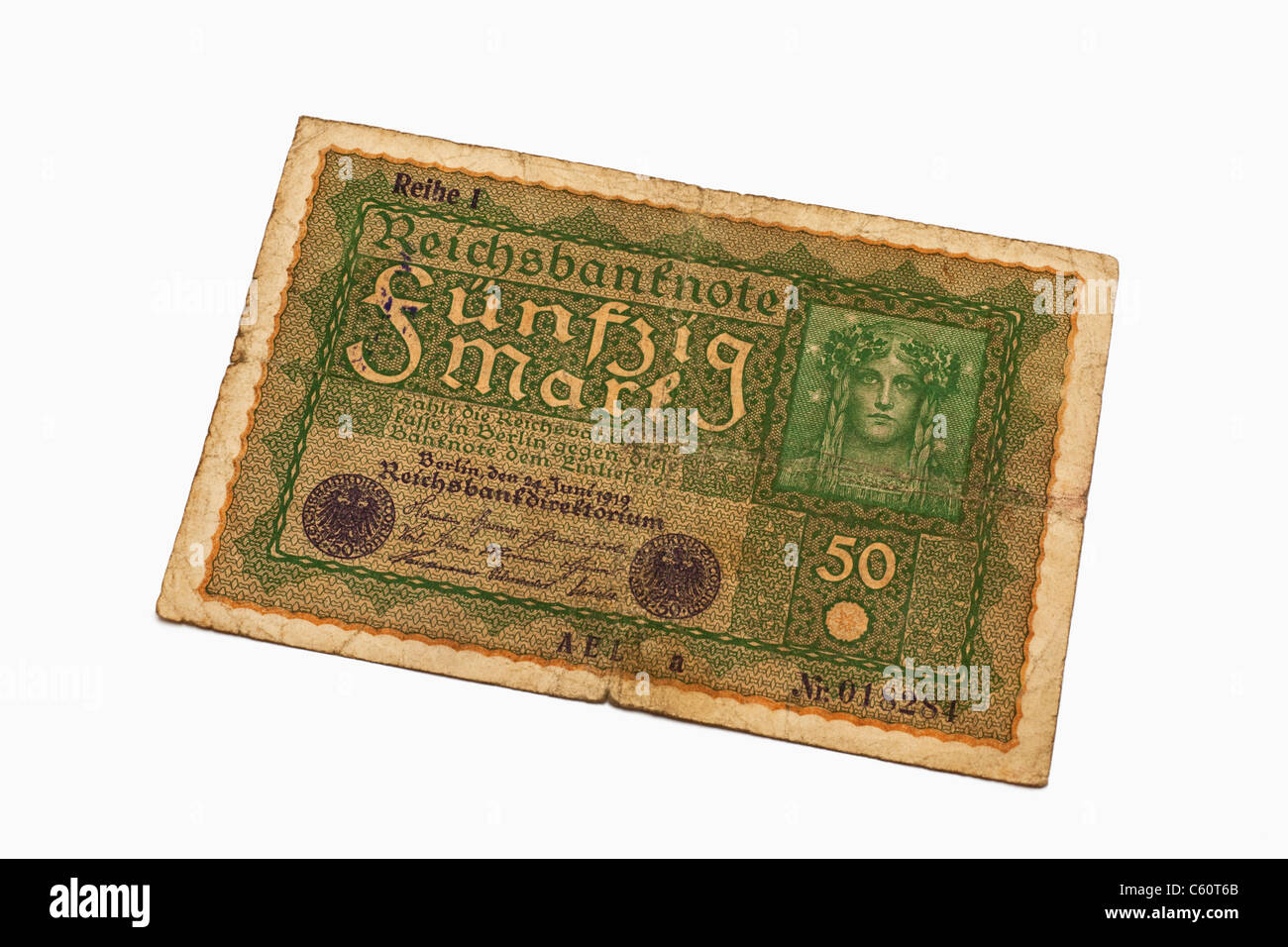 Detail-Foto einer alten deutschen Stückliste 24. Juni 1919 über die Höhe von fünfzig Reichsmark Stockfoto