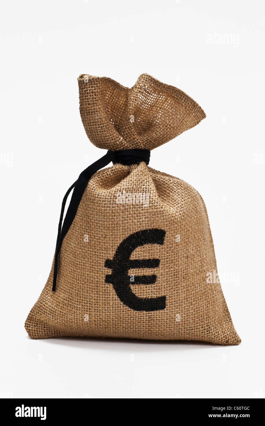 Detailansicht Eines Geldsackes Mit Euro-Symbol | Detail-Foto aus einem Geldsack mit Euro-Zeichen Stockfoto