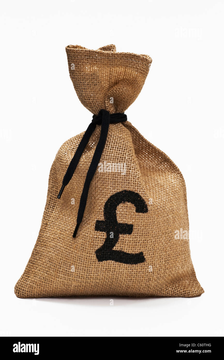 Detailansicht Eines Geldsackes Mit Pfund-Symbol | Detail-Foto aus einem Geldsack mit Pfund-Zeichen Stockfoto