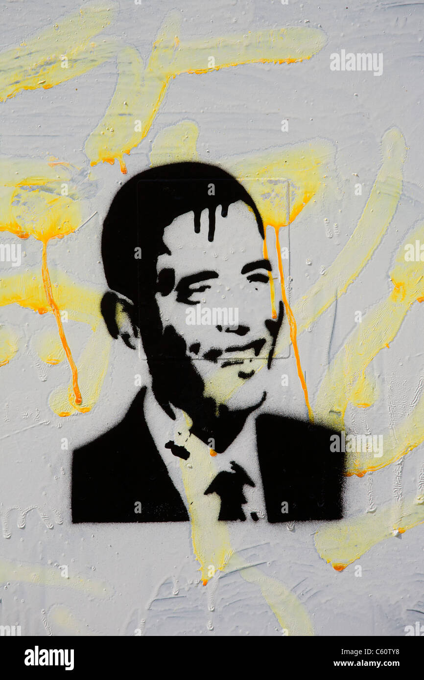 Bemalte Schablone Graffiti von Barack Obama, 44. Präsident der Vereinigten Staaten von Amerika. Stockfoto