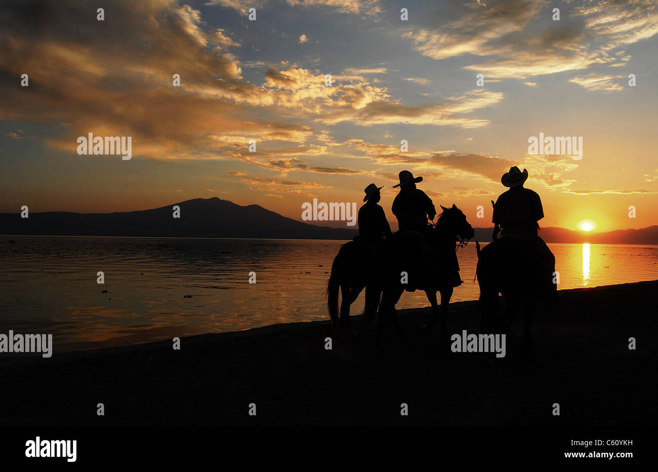 Cowboys auf dem Pferderücken bei Sonnenuntergang. Stockfoto
