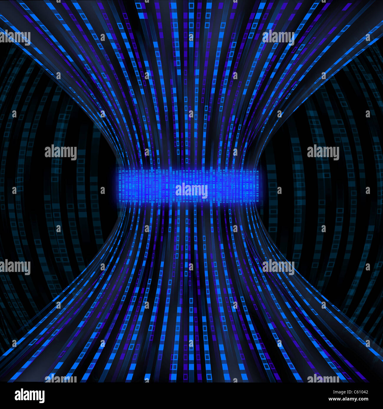 Fließenden blauen Kästen, binären-Code wird eingeengt durch ein Energie-Band-Engpass darstellt Stockfoto