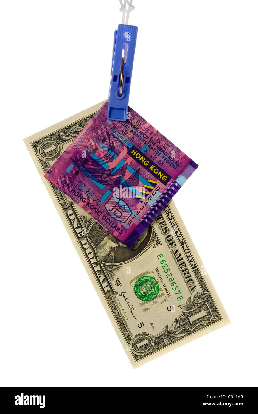 Hongkong-Dollar gekoppelt an den US-Dollar isoliert auf weißem Hintergrund Stockfoto