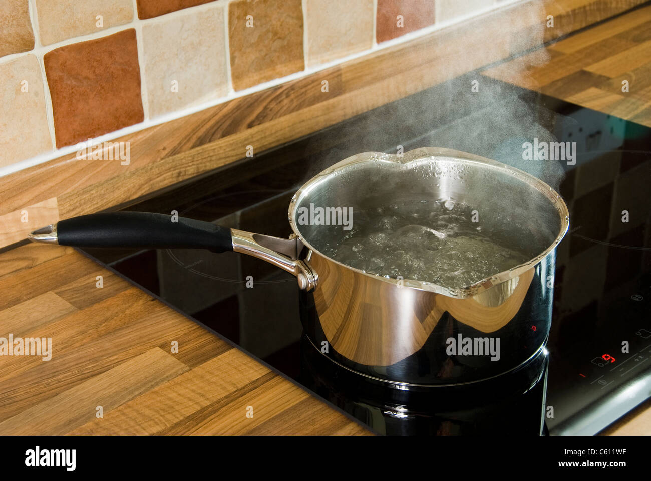 Edelstahl-Topf mit kochendem Wasser, auf einem Induktionskochfeld. Stockfoto