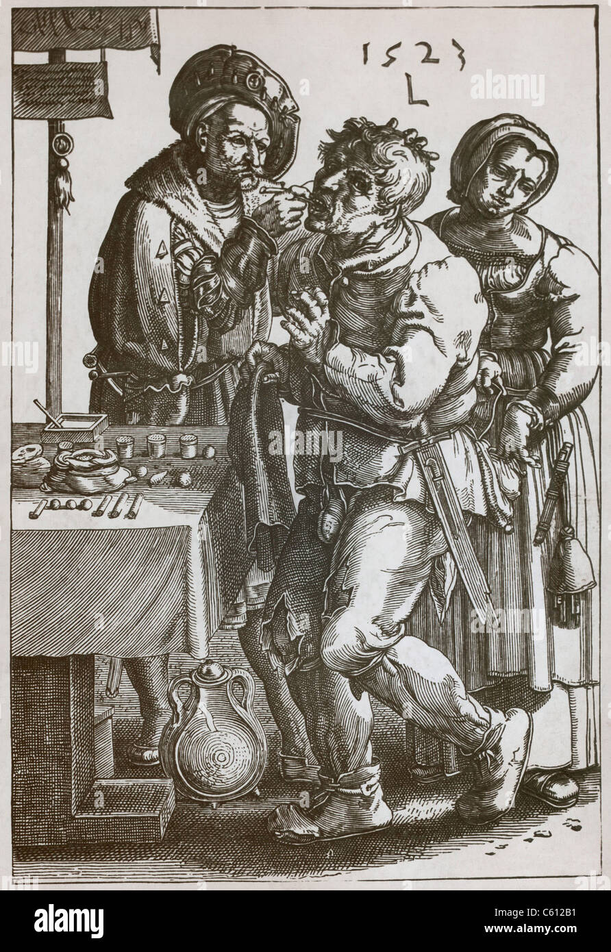 Der Chirurg Zahnarzt zieht eines Mannes Zahn, während eine Frau nimmt der Patient Tasche. 1523 Stich nach einem Gemälde von Lucas van Leyden (1494-1533). Stockfoto