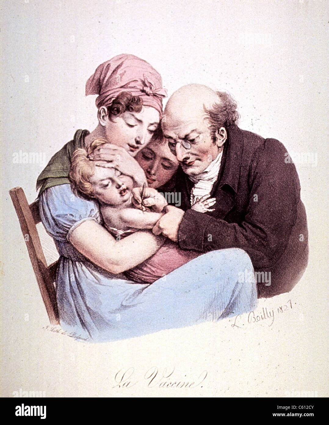 Ein Arzt, ein kleines Kind gegen Pocken, während in den Armen seiner Mutter statt impfen. 1827 durch Louis Leopold Boilly ausdrucken. Stockfoto