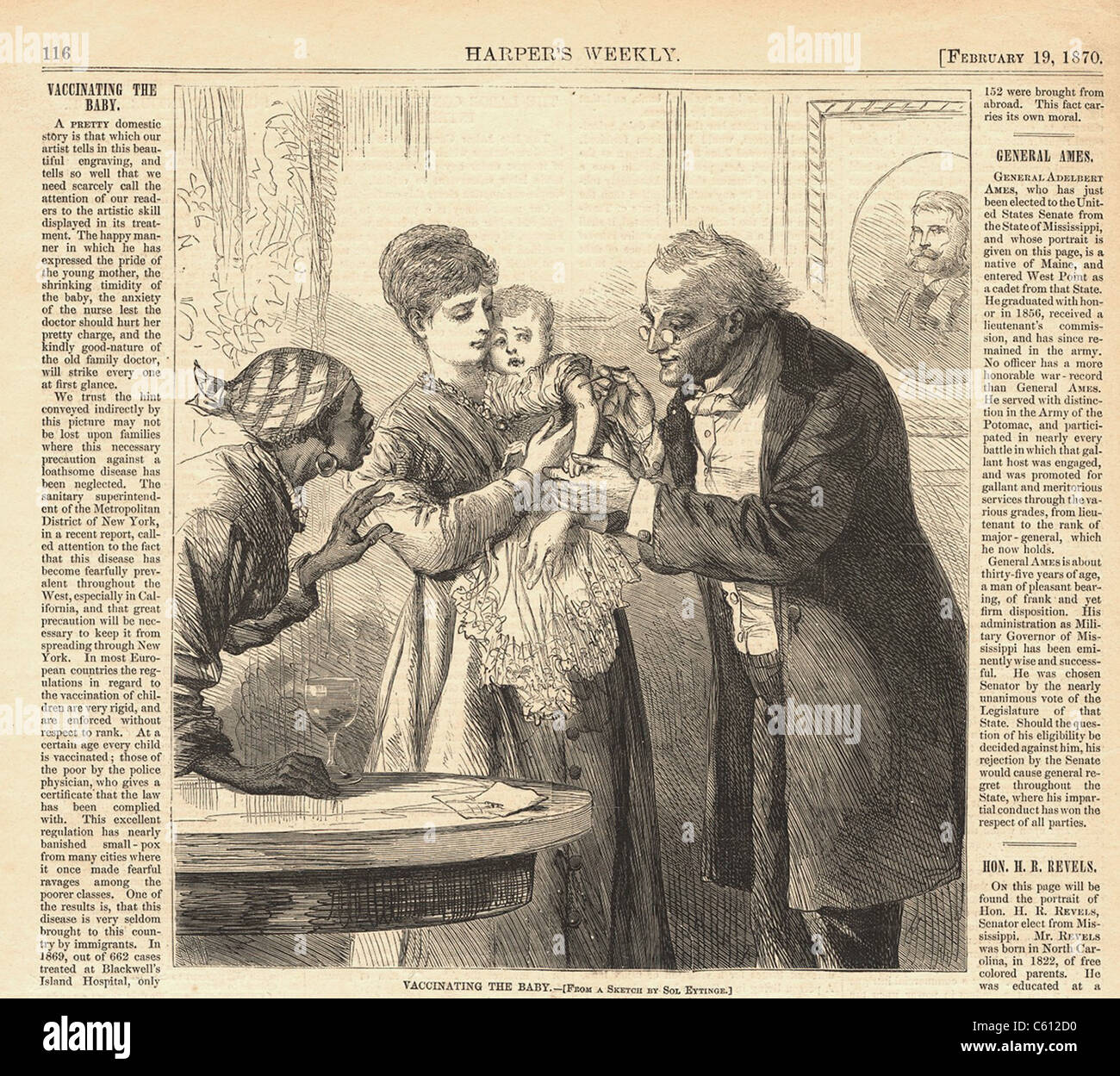 Impfung Baby gegen Pocken in New York ca. 1870. Das Baby wird von seiner Mutter gehalten, da eine afroamerikanische Frauen beobachtet mit Sorge. Holzstich von Harpers wöchentlich. Stockfoto