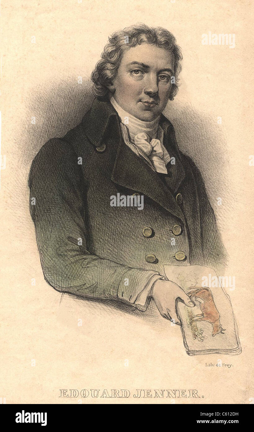 Edward Jenner, (1749-1823), erfunden von den Pocken-Impfstoff mithilfe weniger virulente Virus der Kuhpocken, um Immunität gegen Verwandte, zu stimulieren, aber gefährlicher Pockenvirus. Lithographie von Leon Noel de Frey. Stockfoto