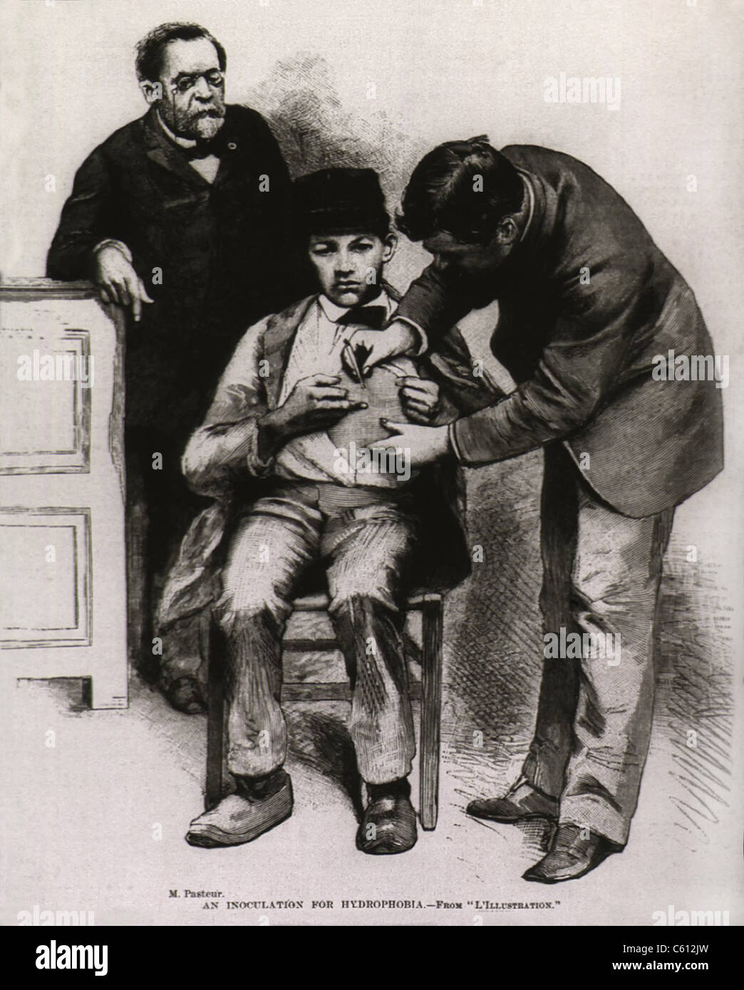 (Tollwut) Tollwutimpfung verabreicht, um Teenager Jean-Baptiste Jupille am Pasteur-Labor im Oktober 1885. Dies war der zweite erfolgreiche Test der Tollwut-Impfstoff, der ersten statt im Juli 1882 auf ein 9 Jahre alter Junge, Joseph Meister. Stockfoto