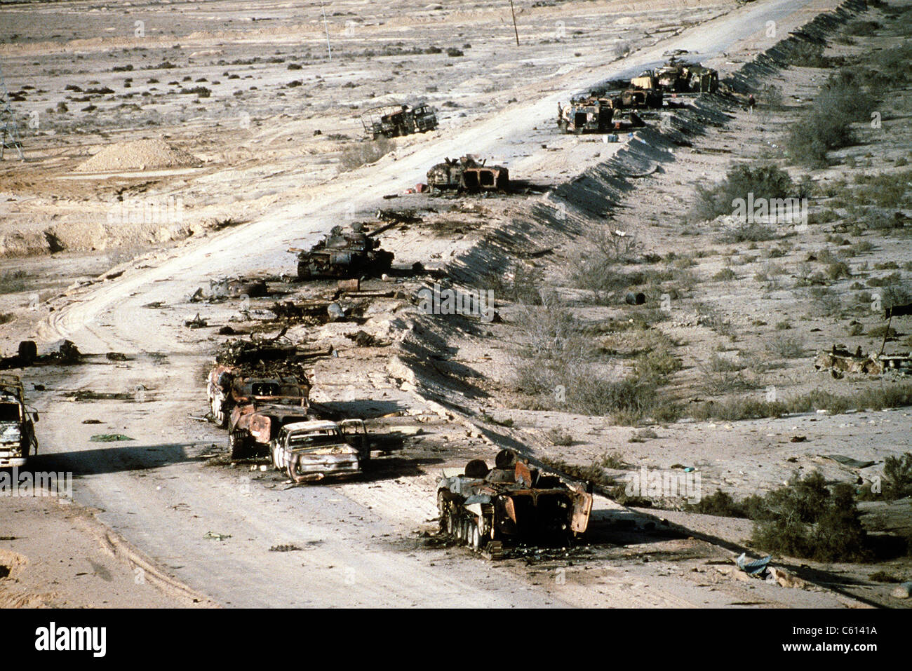 Irakischen gepanzerten Personal Carrier Panzer und Lastwagen zerstört in einem Koalitionsangriff entlang einer Straße in das Tal des Flusses Euphrat während der Operation Desert Storm. 4. März 1991 (BSLOC 2011 3 9) Stockfoto
