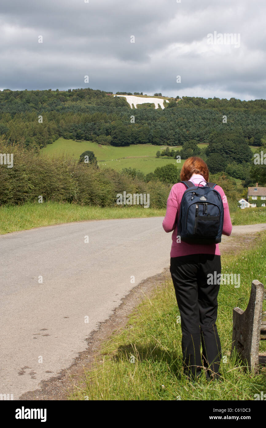 Dame, die die Karte vor dem Weißen Pferd, Kilburn, North Yorkshire, betrachtet Stockfoto